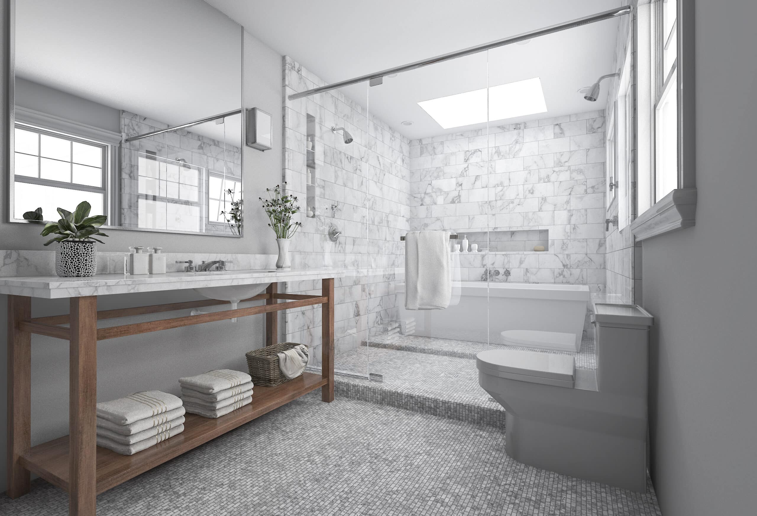 A newly renovated and modern gray bathroom.